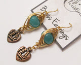 Herringbone Brass Wire Wrapped Apatite "Made With Love" Earrings