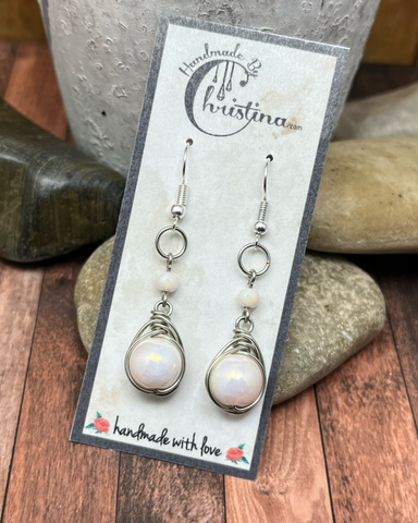 Herringbone Wire Wrapped Silver Tone Off-White Glass Pearl Dangling Earrings