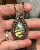 Oxidized Copper Wire Woven Green Flash Labradorite Pendant necklace