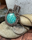 Oxidized Copper Wire Woven Amazonite Pendant - Handmade By Christina