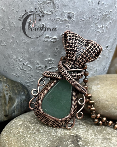 Oxidized Copper Wire Woven Green Aventurine Pendant