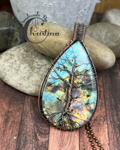 Oxidized Copper Wire Woven Spectrolite Labradorite Tree Of Life Pendant