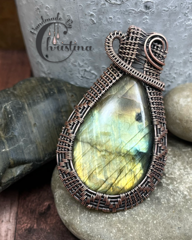 Oxidized Copper Wire Woven Labradorite Pendant