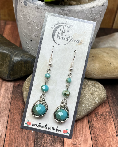 Herringbone Wire Wrapped Silver Tone Teal Glass Dangling Earrings