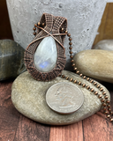 Oxidized Copper Wire Woven Blue Flash Moonstone Pendant
