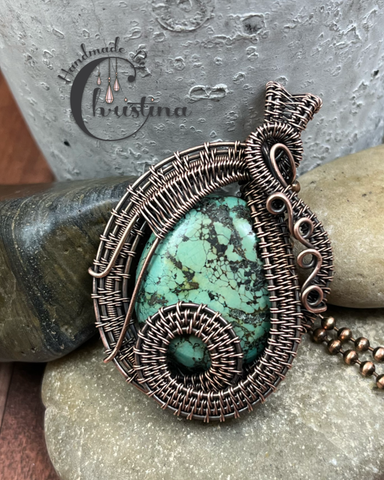 Oxidized Copper Wire Woven Turquoise Pendant