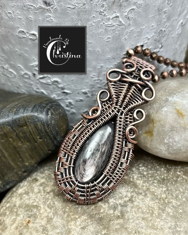 Oxidized Copper Wire Woven Gold Sheen Obsidian Pendant