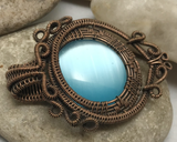 Handmade Oxidized Copper Wire Woven & Blue Fiber Optic Glass Pendant
