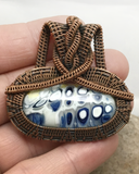 Oxidized Copper Wire Woven Blue Fused Glass Pendant