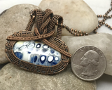 Oxidized Copper Wire Woven Blue Fused Glass Pendant