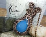 Handmade Oxidized Copper Wire Woven Blue Chalcedony Pendant Necklace Jewelry