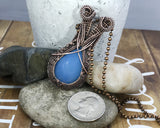 Handmade Oxidized Copper Wire Woven Blue Chalcedony Pendant Necklace Jewelry