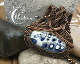 Oxidized Copper Wire Woven Blue Fused Glass Pendant