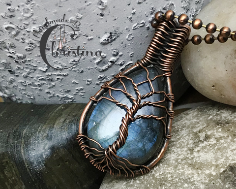 Oxidized Copper Wire Woven Labradorite Tree Of Life Pendant