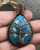 Oxidized Copper Wire Woven Blue Impression Jasper Tree Of Life Pendant Necklace