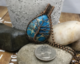 Oxidized Copper Wire Woven Blue Impression Jasper Tree Of Life Pendant Necklace
