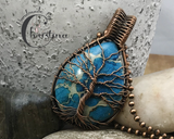 Oxidized Copper Wire Woven Blue Impression Jasper Tree Of Life Pendant Necklace