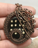 Oxidized Copper Wire Woven Black Spotted Ceramic Pendant