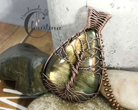 Oxidized Copper Wire Woven Golden Labradorite Tree Of Life Pendant