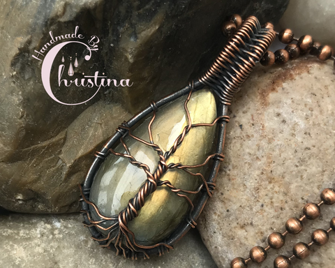 Oxidized Copper Wire Woven Teardrop Golden Flash Labradorite Tree Of Life Pendant