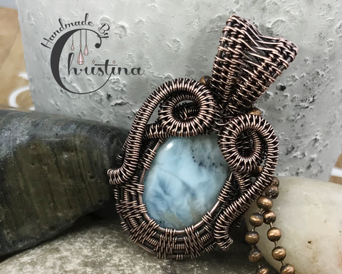 Oxidized Copper Wire Woven Larimar Pendant