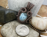 Handmade Wire Woven Oxidized Copper Larimar Swirl Pendant Necklace