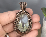 Handmade Oxidized Copper Wire Woven Criss Cross Moss Agate Pendant