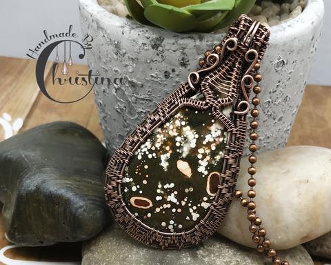 Oxidized Copper Wire Woven Ocean Jasper Pendant