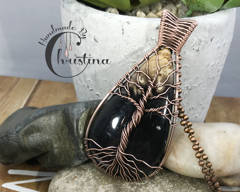 Oxidized Copper Wire Woven Palm Root Agate Tree Of Life Pendant