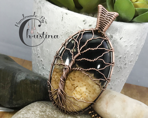Oxidized Copper Wire Woven Palm Root Agate Tree Of Life Pendant