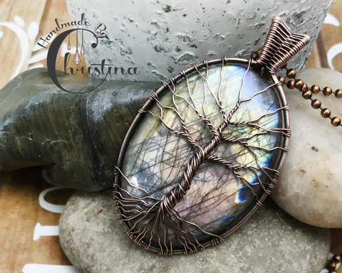 Oxidized Copper Wire Woven Purple Flashing Labradorite Tree Of Life Pendant