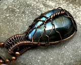 Handmade Oxidized Copper Wire Woven Rainbow Labradorite Tree Of Life Pendant Necklace
