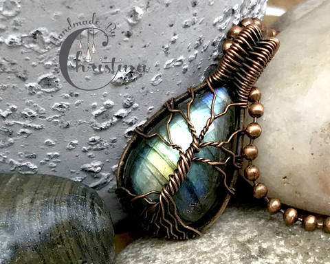 Oxidized Copper Wire Woven Rainbow Labradorite Tree Of Life Pendant