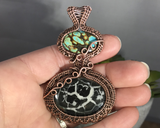 Handmade Oxidized Copper Wire Woven Septarian Gronates & Turquoise Pendant Jewelry Necklace
