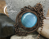 Handmade Oxidized Copper Wire Woven & Blue Fiber Optic Glass Pendant