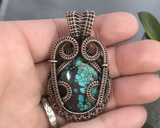 Handmade Oxidized Copper Wire Woven Turquoise Pendant Necklace Jewelry